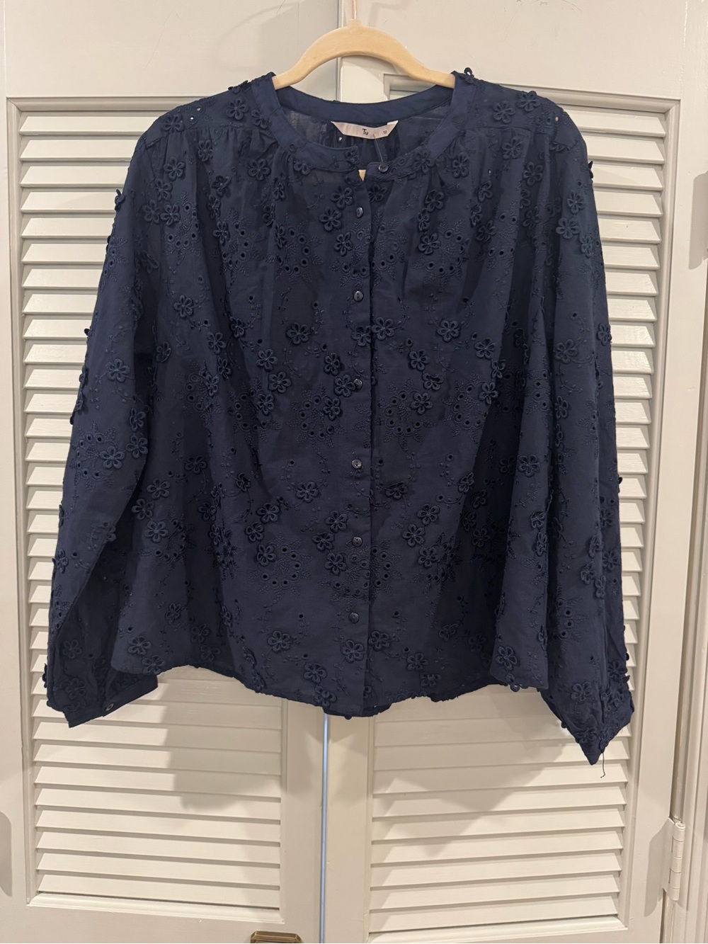 Embroidered Navy Button-Front Women's Blouse